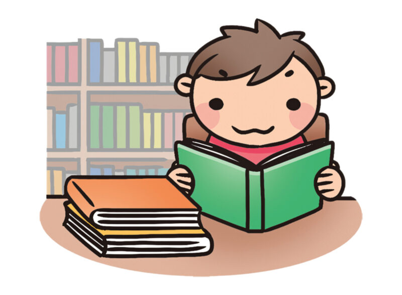 図書館で自由研究のテーマを探す男の子のイラスト