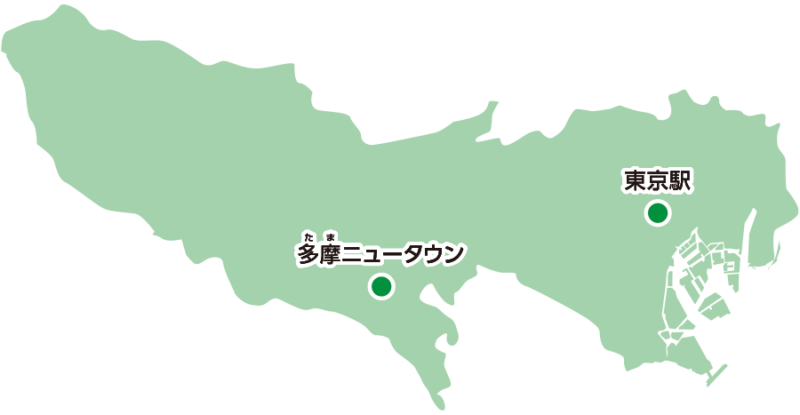 多摩ニュータウンの東京都内の場所を示す地図